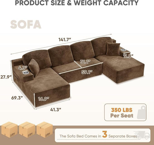Homall 142" Boneless Couch, Modular Sectional Sofa, No Assembly Required, Memory Foam Filling, Corduroy U-Shaped Sofa, Movable Multi-Person Couch for Living Room (Brown)