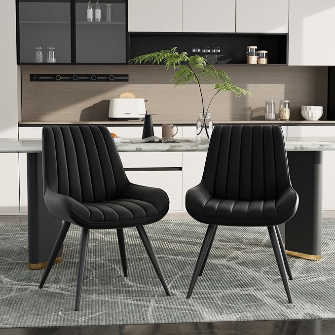 Dining Chairs Set of 6, Faux Leather Mid Century Modern Kitchen Chairs with Soft Cushion, Comfortable Upholstered Dining Room Chairs for Kitchen, Black