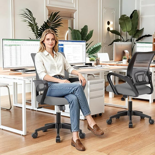 BestOffice | Ergonomic Office Chair | Mid-Back Swivel Desk Chair | Breathable Backrest & Lumbar Support | Adjustable Height | Sponge Seat | Rolling Wheels | Grey | for Adults & Women