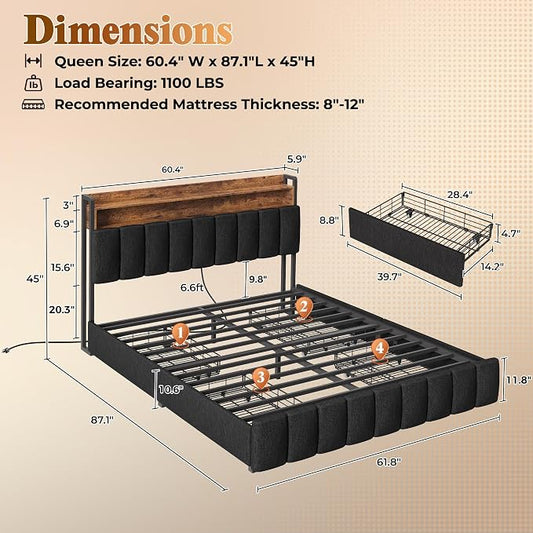 PRAISUN Bed Frame Queen Size with Upholstered Headboard & Charging Station, Queen Bed Frame with 4 Storage Drawers, 2-Tier Open Shelves, No Box Spring Needed, Slient Foam Strip, Easy Assembly, Black
