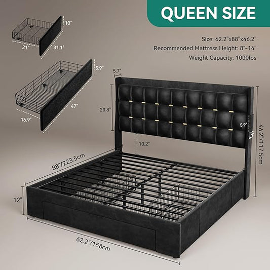 DWVO Queen Size Bed Frame with 3 Storage Drawers and RGB LED Lights, Velvet Upholstered Bed with Charging Station and Storage Headboard, No Box Spring Needed, Easy Assembly, Noise-Free, Black