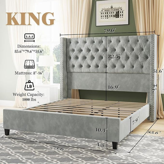 Jocisland King Size Bed Frame with 51.6” Wingback Tufted Velvet Headboard, Modern Upholstered Platform Bed, No Box Spring Needed, Easy Assembly, Light Grey