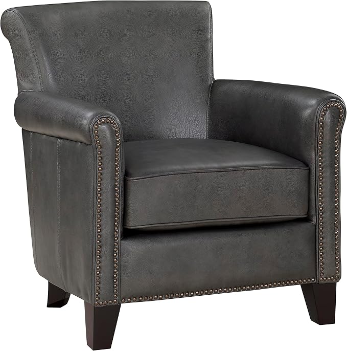 Lexicon 100% Top Grain Genuine Leather Chair, Leather Accent Chairs for Living Room, Solid Wood Frame, Rolled Armrest & Nailhead Trim, Comfy Reading for Bedroom, Office, Waiting Room, Classic Gray