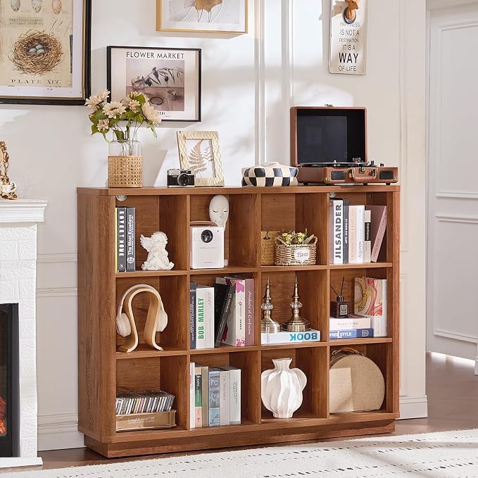 Joaxswe 12 Cube Storage Organizer, 41" Wide Large Bookshelf with Curved Edge, Wood Floor Standing 3-Tier Cubby Bookcase w/Base, Rustic Display Storage Cabinet, Book Case for Home Office, Brown