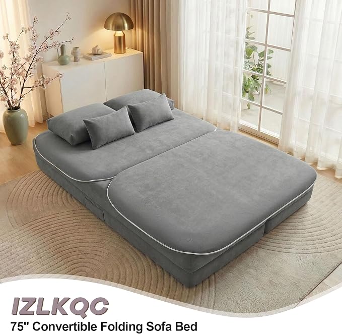 75" Boneless Couch Bed,Fold Up Sleeper Sofa for Adults, Memory Foam Floor Couch with 4 Pillows & Blanket, No Assembly Foldable Guest Bed for Apartment,Living Room