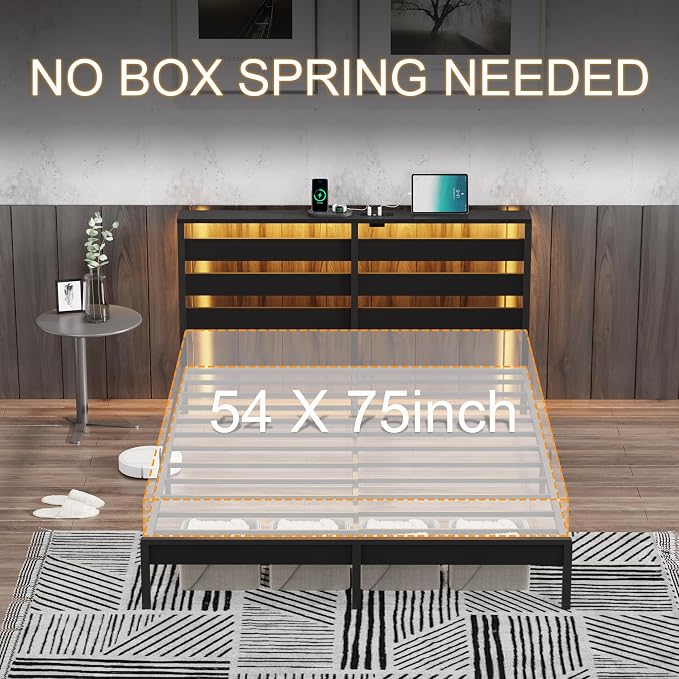 Full Size Metal Platform Bed Frame with LED Headboard & Storage Shelf, Modern Black Metal Bed with USB Charging, No Box Spring Needed, Sturdy Slat Support for Bedroom(Black,Full)