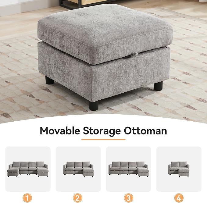 WUTUTUEE 107”Modular Sectional Sofa Convertible U Shaped Sofa Couch Set with Storage for Living Room, Modern 6 Seater Modular Sectional Couch with Movable Ottoman, Chenille(Light Grey)