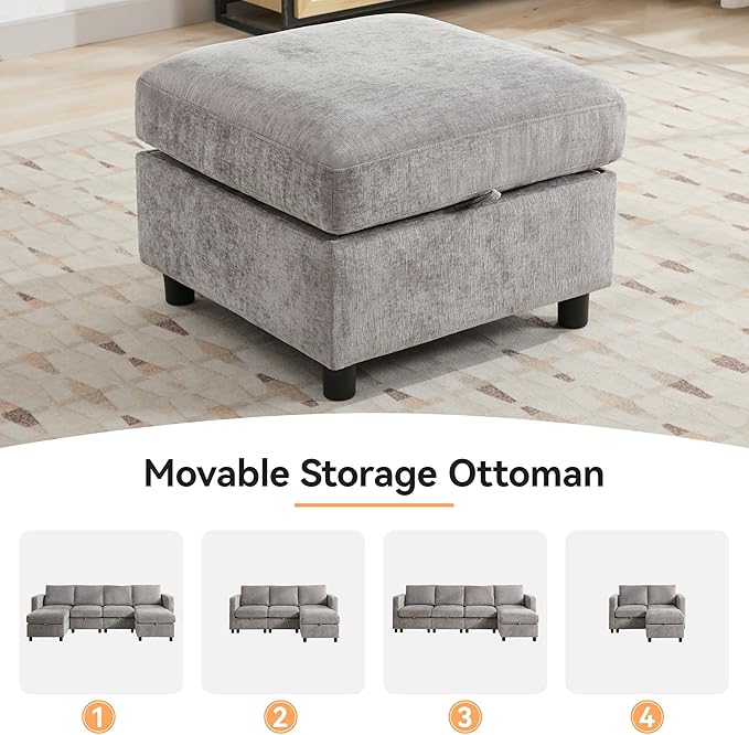 WUTUTUEE 83' Modular Sectional Sofa Convertible L Shaped Couch Set for Living Room, 4 Seat Storage Modular Sofa with Movable Ottoman, Chenille(Light Grey)