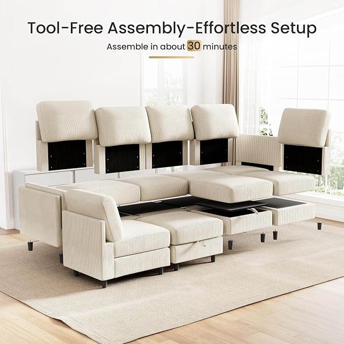 KKL 6 Seaters Sofa Bed for Living Room - Sofa Couch with Storage Ottoman, Convertible L/U-Shaped Sleeper Couch for Living Room, Modern Reversible Design, Beige