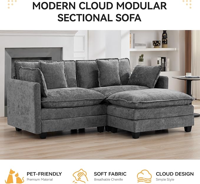 76'' Cloud Deep Seat Loveseat Sofa, Upholstered Chenille Modular 2-Seats Sectional Sofa Couch with Movable Ottoman, Modern Comfy Settee Loveseat for Living Room Set, Small Apartment, Grey