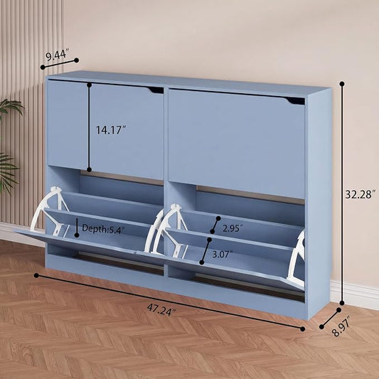 Shoe Storage Cabinet, Wood Shoe Organizer for Entryway with 3 Flip Drawers, Freestanding Shoe Rack with Adjustable Shelf, Narrow Shoe Dresser for Front Door Entrance (Blue, Standard 4 Drawers)