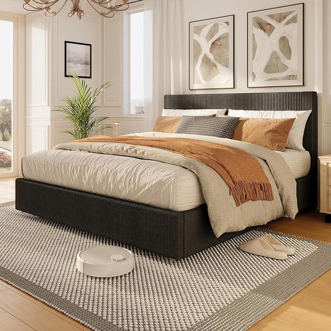 GAOMON Corduroy Full Bed Frame with Headboard, Platform Upholstered Bed Frame with 4 Storage Drawers and Wooden Slats Support, No Box Spring Needed, Black