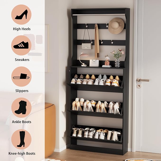 Shoe Storage Cabinet, Wood Shoe Organizer for Entryway with 3 Flip Drawers, Freestanding Shoe Rack with Adjustable Shelf, Narrow Shoe Dresser for Front Door Entrance (Black, Tall 3 Drawers)
