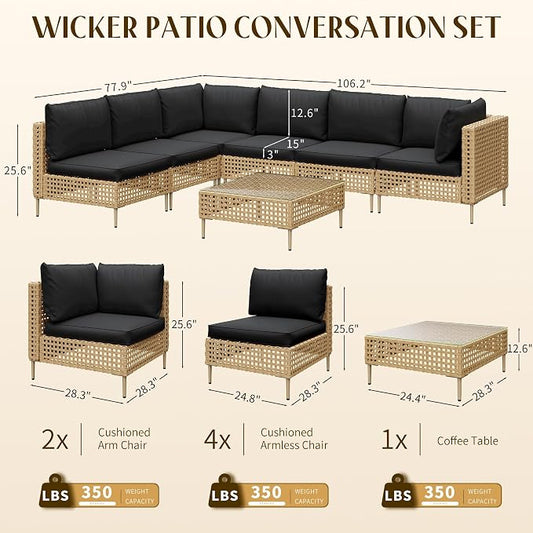LHBcraft Patio Furniture Set, Large 7 Piece Wicker Outdoor Sectional Furniture Set with Coffee Table, Patio Conversation Sets Sofa, Hand Knitting, All-Weather Cushions for Backyard, Porch, Black