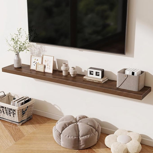 Fun Memories 72 Inch Fireplace Mantel Shelf, 10 Inch Deep Shelves for Display & Wall Storage, Rustic Wood Wall Shelf, Extra Long Floating Shelves for Living Room Laundry Room, Walnut, Set of 2