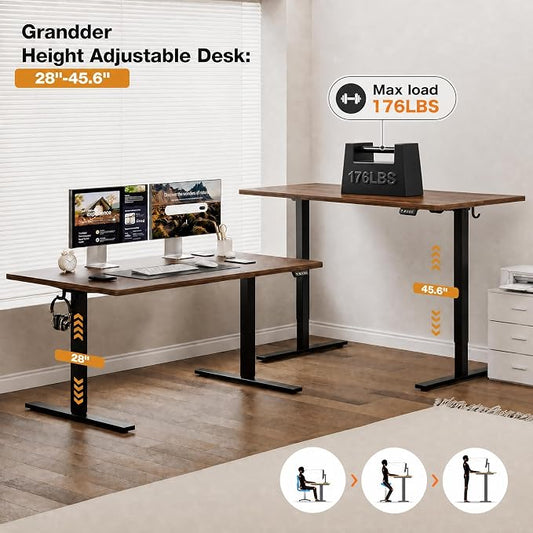 Grandder 63x32 Large Electric Standing Desk, Height Adjustable Computer Desk with 2 Memory Presets, 31.5" Deep Desktop Sit Stand Desk Home Office Desk Workstation Table with Hooks, Walnut
