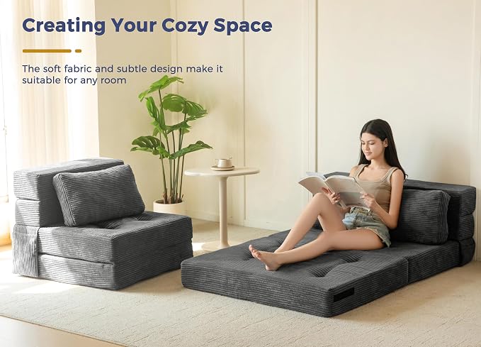 MAXYOYO Convertible Sofa Bed, Fold Out Sofa Couch with Pillow, 4 in 1 Tufted Folding Couch Bed Foam Floor Couch, Lazy Chair for Living Room Bedroom Guest Room, Dark Grey