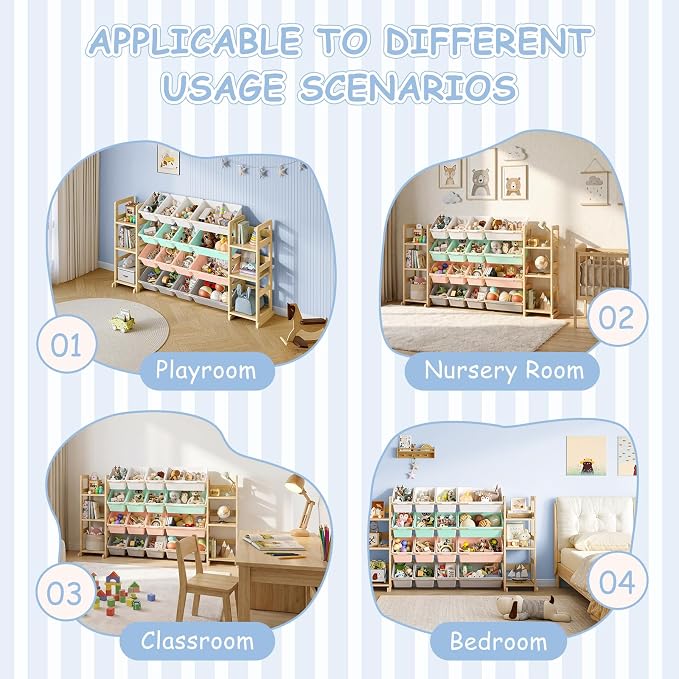 EXPERLAM Extra Large Toy Storage - Toy Storage Organizer, Wooden Toy Organizer with 6 Side Shelves and 16 Bins, 3-in-1 Bookshelf for Kids Rooms, Playroom, Nursery, Multi