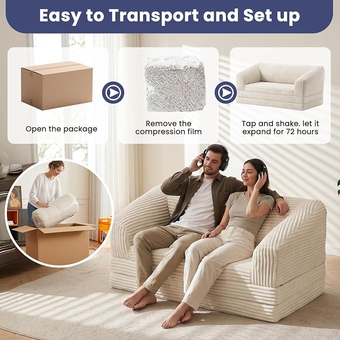 JUIKURY Convertible Sofa Bed, 3-in-1 Foldable Loveseat Couch with Armrest, Corduroy Floor Sofa & Sleeper Bed, No Assembly High-Density Foam Futon Mattress for Living Room, Small Apartment, Dorm