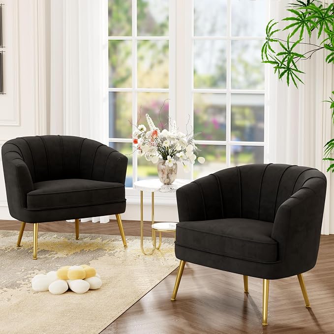 Andeworld Velvet Accent Chair Set of 2, Upholstered Modern Single Sofa Side Chair,Comfy Barrel Club Living Room Armchair with Golden Metal Legs for Bedroom Living Reading Room Office, Black