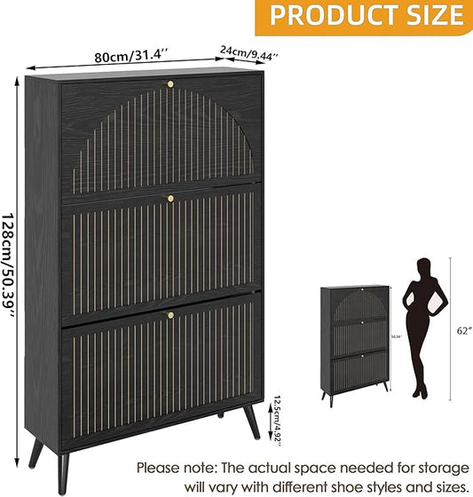 Fsbecl Shoe Storage Cabinet for Entryway with 3 Flip Drawers, Narrow Shoe Organizer with Fluted Panel, Freestanding Wood Hidden Shoe Cabinet for Hallway(Black, 31.4''W, Double Layer)
