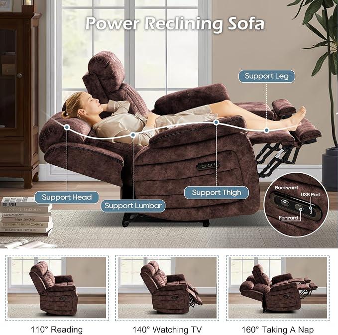 Zero Gravity Power Reclining Sofa with Adjustable Headrest, Electric Reclining Couch with Wireless Charge, USB Ports, Power Loveseat Recliner Sofa for Living Room(Brown-Sofa)