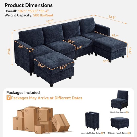 WUTUTUEE 107'' Modular Sectional Sofa Convertible U Shaped Sofa Couch Set with Storage for Living Room, Modern 6 Seater Modular Sectional Couch with Movable Ottoman, Chenille Navy