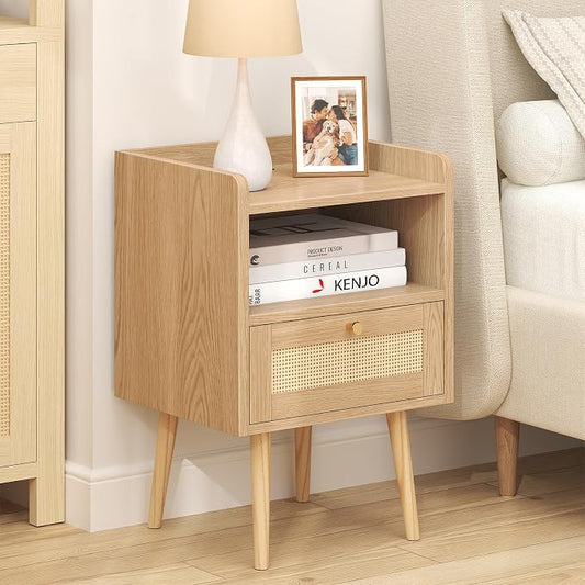 MECHYIN Night Stand Set 2, Nightstands Set of 2 with Charging Station, Rattan Side Tables with Solid Wood Legs, Boho Bedside End Table for Apartment Bedroom Dorm Small Space