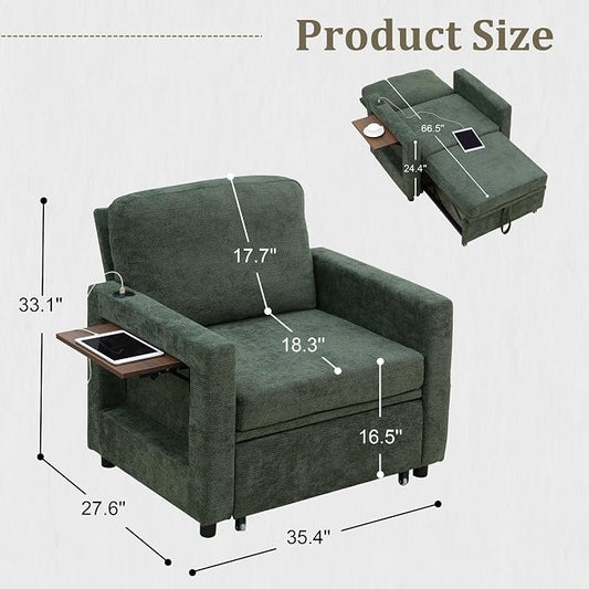 3 in 1 Folding Convertible Sleeper Sofa Bed Pull Out Couch with Side Pockets USB Port Side Table Single Sofa Bed with Adjustable Backrest for Living Room Bedroom 66" DarkGreen 1 SEAT