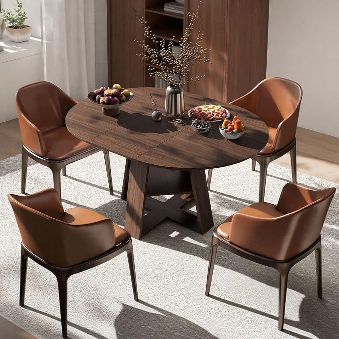 Zevemomo 43"-59" Extendable Dining Room Table for 4-6(Table only), Expandable Round Dining Table, Oval Tabletop with Cross-Shaped Base for Office, Living Room-Dark Brown
