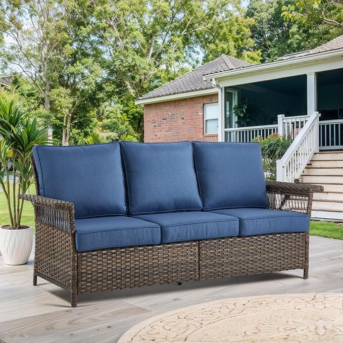 Patio Sofa 3-Seat Wicker Couch Brown PE Rattan Sofa with Deep Seating High Back Outdoor Sofa for Patio Garden Balcony Sunroom Backyard Deck Porch Poolside, Sofa(1PC), Brown|Blue