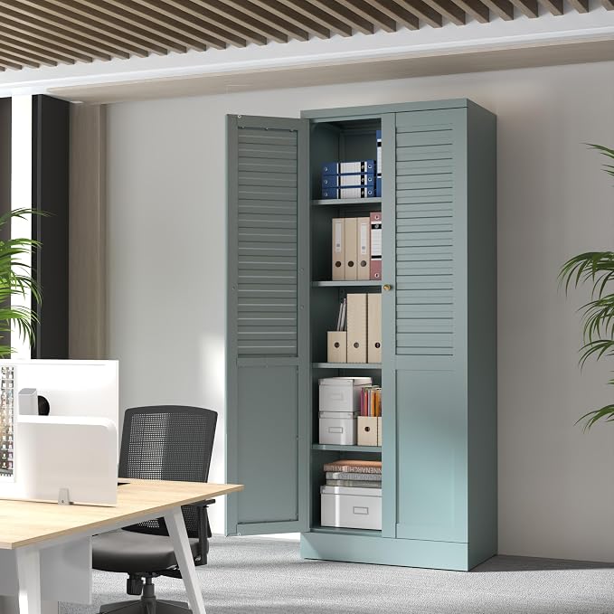 LEYNOT 61 inch Tall Kitchen Pantry Cabinet,Metal Storage Cabinet with 4 Adjustable Shelves,Freestanding Cupboard for Canned Food,Snacks,Small Appliances(Green)