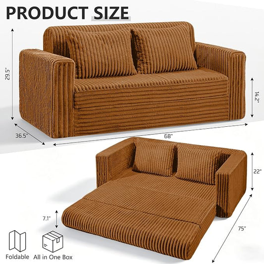 HABUTWAY 68" Loveseat Boneless Couch, 4-in-1 Convertible Sofa Bed, Plush Fur Folding Futon Sofa Bed Couches with 2 Pillows for Living Room, High-Density Foam Support, No Assembly Required, Orange