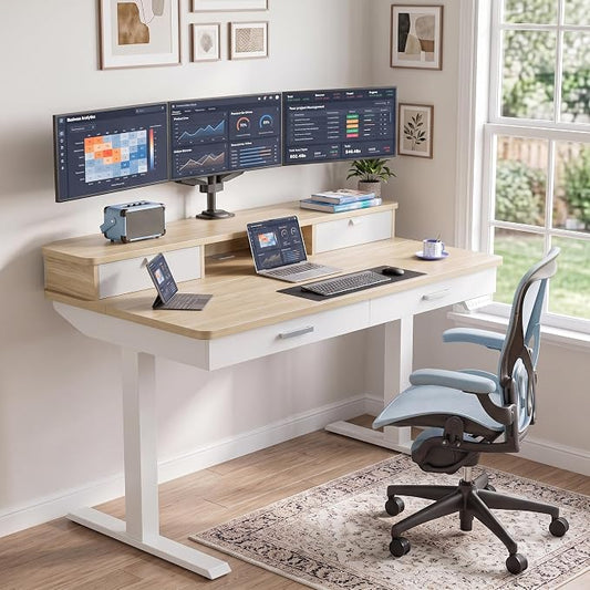 HUANUO 55 x 30 inch Electric Standing Desk with 2 Wood Drawers, Adjustable Height Sit Stand Desk for Home Office, Ergonomic Stand up Desk with 4 Memory Presets, 176 lbs Capacity, Natural Top