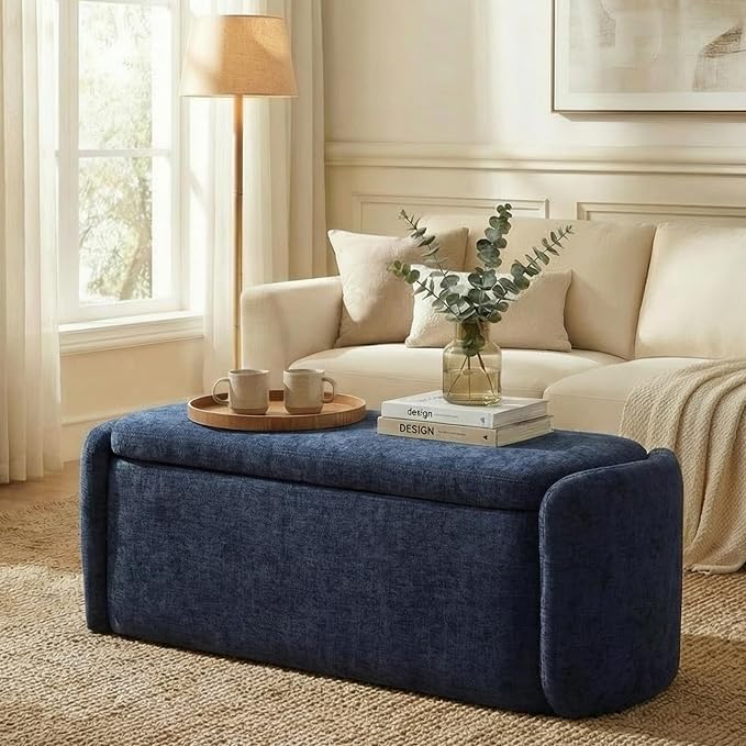 VKNOW 46" Oval Storage Ottoman Bench, Upholstered End of Bed Bench Ottomans Bench Foot Rest, Sherpa Storage Bench for Bedroom, Living Room and Hallway, Navy