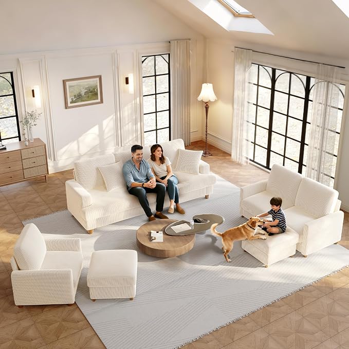 Welzona 87.2" Couches for Living Room, Comfy Beige Couch 7.5" Extra Thick Cushion, Sofas for Living Room Tool-Free Setup, Loveseat Sofa 848lbs Support, Corduroy Couch for Bedroom, Apartment, Office