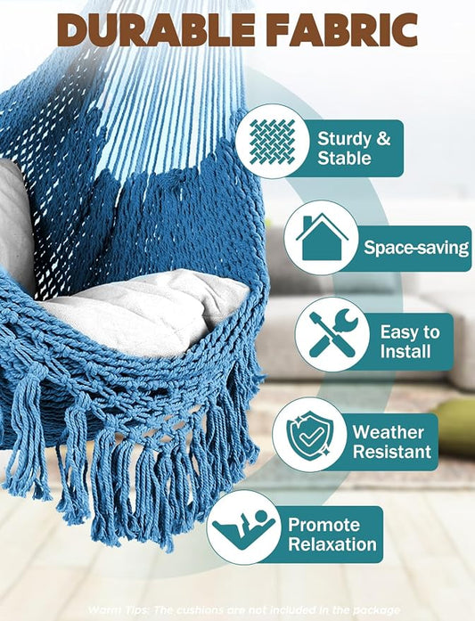 Chihee Hammock Chair Handmade Hanging Chair Cotton Rope Woven Hanging Seat Soft-Spun Large Stretch Hammock Swing, Collapsible Strong Metal Spreader Bar Elegant Macrame Comfort Indoor Outdoor Garden