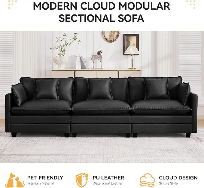 111'' Sectional Cloud Deep Seat Couch, Modern Comfy Leather Modular Sectional Sofa for Living Room Set, Upholstered Modular 3-Seats Sofa Couch, Leather Black