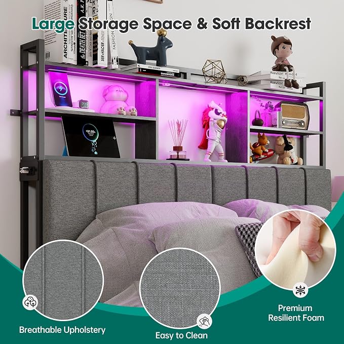54.8" Tall Headboard Queen Size with 3-Tier Storage Shelves, Linen Upholstered Head Board with USB & Type C Port & LED Light, Soft Backrest for Queen Size Bed,