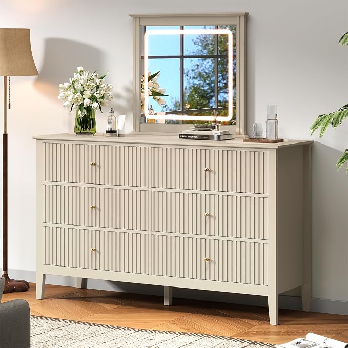 RoyalCraft 6 Drawer Dresser with Lighted Mirror, Beige Fluted Modern Wood Chest of Drawers, Long Dresser for Bedroom Storage