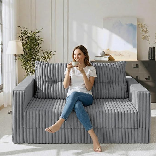 HABUTWAY 49.8" Loveseat Boneless Couch, 4-in-1 Convertible Sofa Bed, Plush Fur Folding Futon Sofa Bed Couches with a Pillow for Living Room, High-Density Foam Support, No Assembly Required, Light Grey