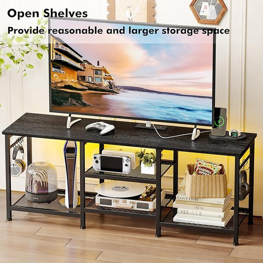 YGEOMER Black Entertainment Stand for Up to 50 Inch TVs, Tv Stand with Outlet Led Lights Open Storage Shelves, TV Consoles for Living Room, Bedroom