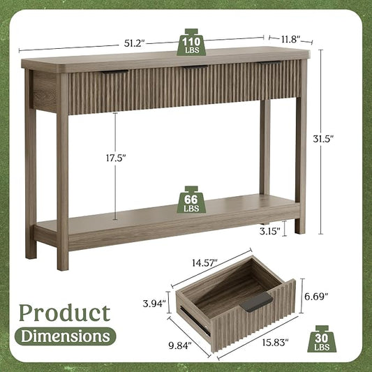 Lulive Fluted Console Table, 51 Inch Entryway Table with 3 Drawers | Scandi farmhouse look with quiet full-extension slides, open lower shelf, profile for hallway, entry, foyer or behind sofa.
