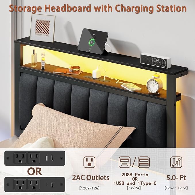 Furnulem Twin Bed Frames with Storage Drawers and Upholstered Headboard | Grey Metal Platform Bed with Charging Station, LED Lights, 2 Tier Shelves, Fabric Drawers. No Box Spring Needed, Noise Free
