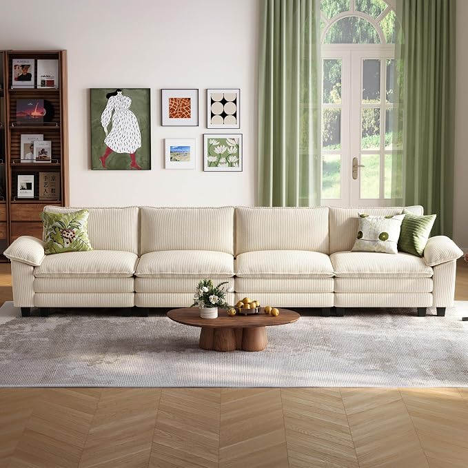 LINSY HOME 157'' Modular Sectional Sofa 4 Seat Couch Corduroy Cloud Couch with Deep Seat, Modern Cloud Couch for Living Room, Office, Bedroom, Beige