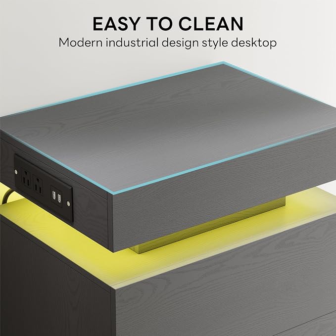 LIKIMIO Nightstand with Charging Station LED Light and 2 Drawers Grey | charging station; LED light; 2 smooth glide drawers; 13.8 D x 18.9 W x 23.6 H in; Grey wood grain