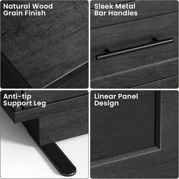 Fatmok Arden Collection 4-Piece Home Furnishing Set, 1 Arched Wine Cabinet with LED Light & Charging Station, 3 Three-Drawer Nightstands, Modern Storage Furniture for Dining Room, Bedroom, Black Grey