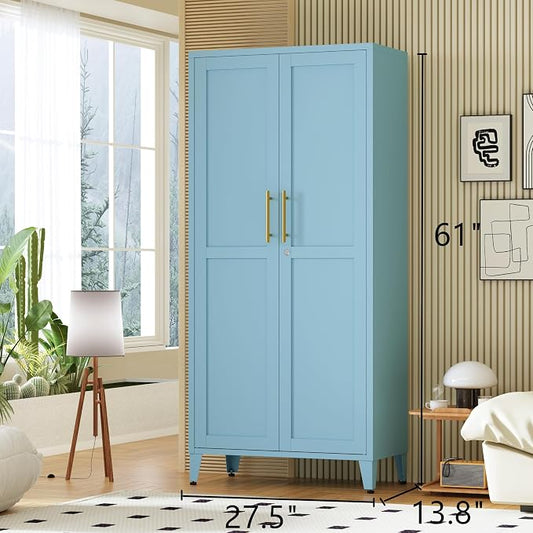 61" Tall Farmhouse Metal Storage Cabinet, Kitchen Pantry Storage Cabinets with 2 Barn Door and 3 Adjustable Shelves, for Home, Office, Kitchen, Laundry Room, Kids Room, Entryway, Blue