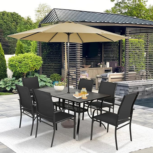 SUNCROWN 8 - Piece Outdoor Dining Set, Patio Furniture Set with 6 Textilene Dinning Chairs, 1 Rectangle Metal Table and 1 Brown 9Ft Patio Umbrella for Lawn Garden Backyard Deck, Black