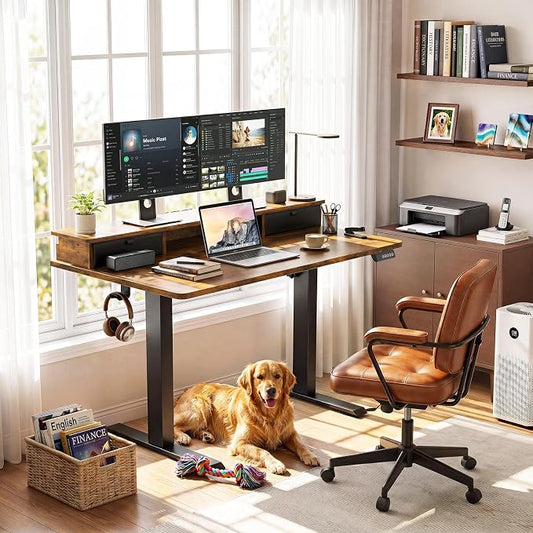 Veken 47x28 in Electric Standing Desk with Drawers, Adjustable Table, Brown | Stand up Computer Desk for Home Office, Work & Study, with Storage, 3 Memory Presets, Cable Organizer, Hook, and Quiet Lift.